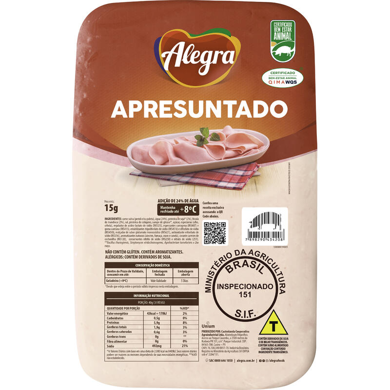 Apresuntado Alegra Preço por quilo na peça