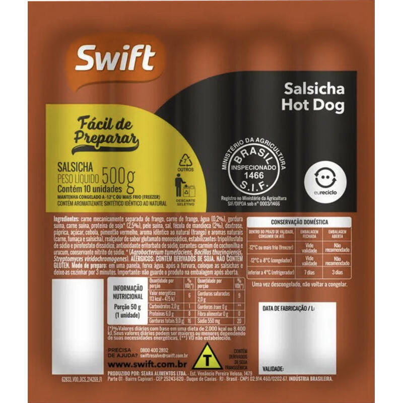 Salsicha Hot Dog Swift Congelada 500g
