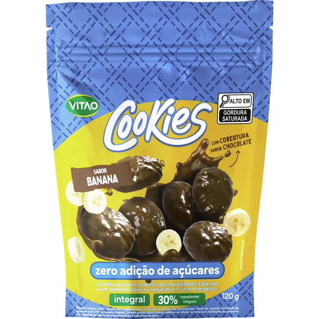 Biscoito Vitao Cookies Banana Coberto Chocolate Zero Açúcar Pacote 120g