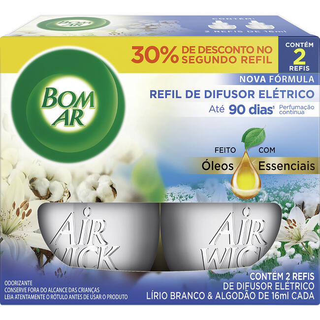 Difusor Bom Ar Lírio Branco e Algodão Refil 2x16ml