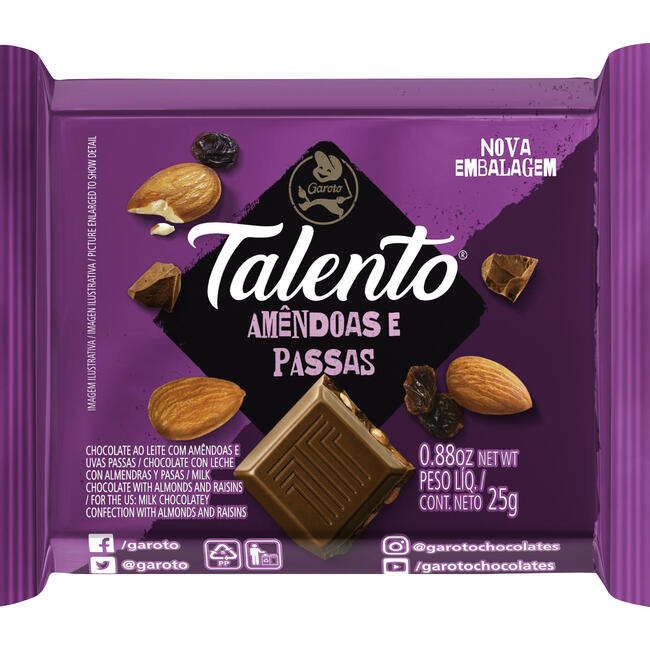 Chocolate Garoto Talento Amêndoas e Passas 25g