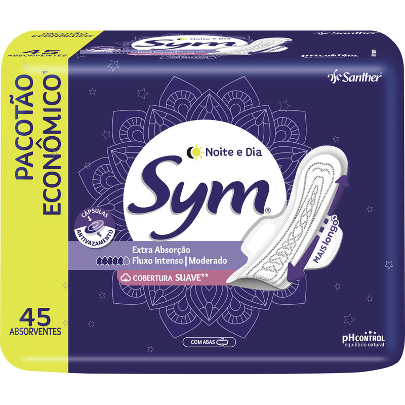 Absorvente Noite e Dia Sym Suave com abas 45 un